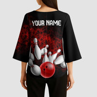 Red Bowling Ball and Pins Design Kimono Sleeve Blouse with Fiery Smoke Background and Custom Team Name Text - Wonder Print Shop