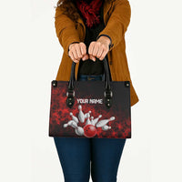 Red Bowling Ball and Pins Design Leather Bag with Fiery Smoke Background and Custom Team Name Text - Wonder Print Shop