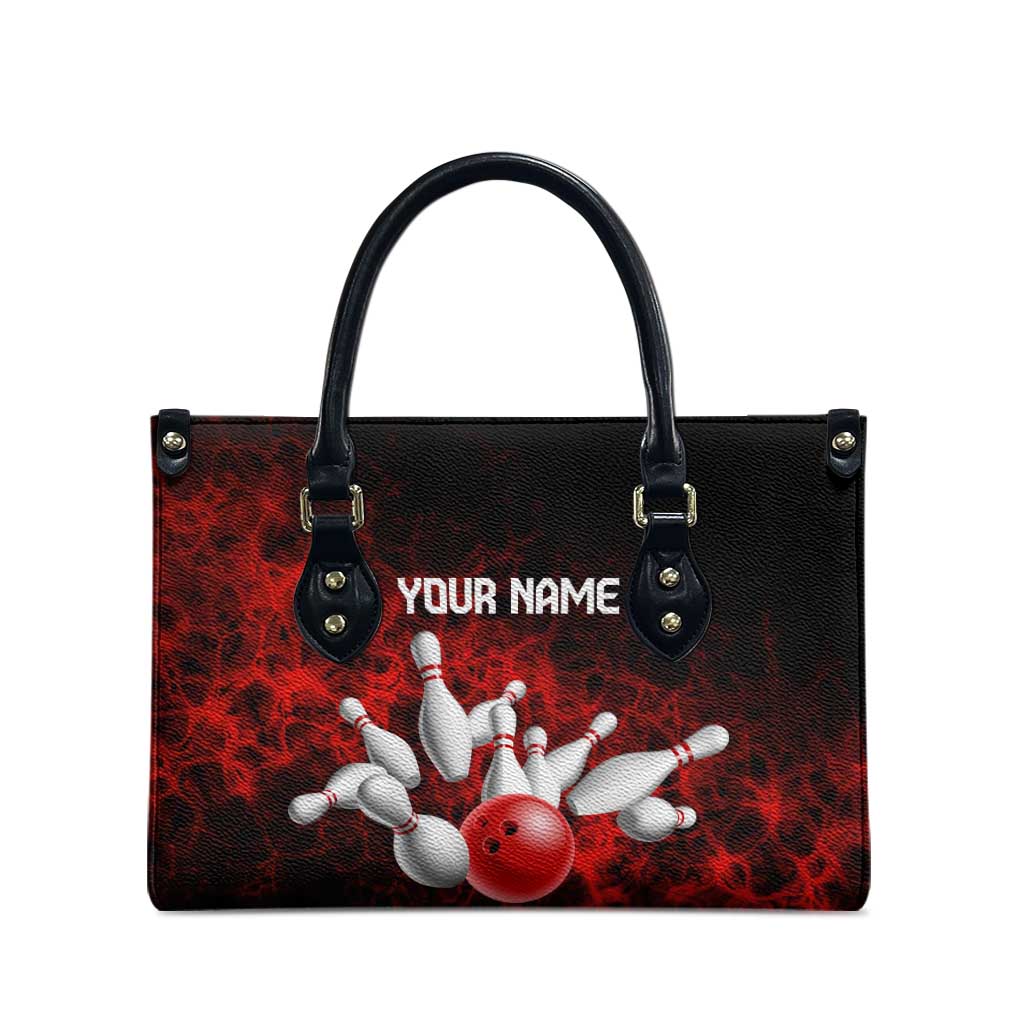 Red Bowling Ball and Pins Design Leather Bag with Fiery Smoke Background and Custom Team Name Text - Wonder Print Shop