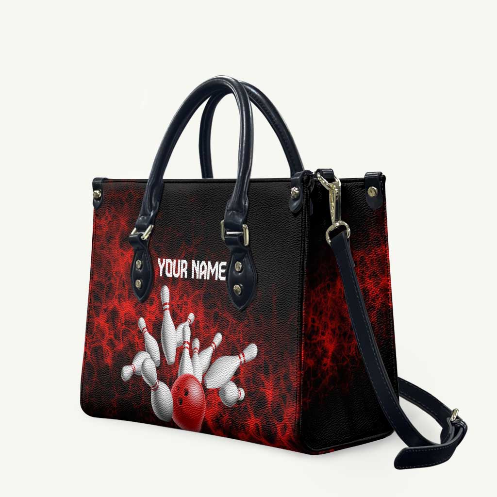 Red Bowling Ball and Pins Design Leather Bag with Fiery Smoke Background and Custom Team Name Text - Wonder Print Shop