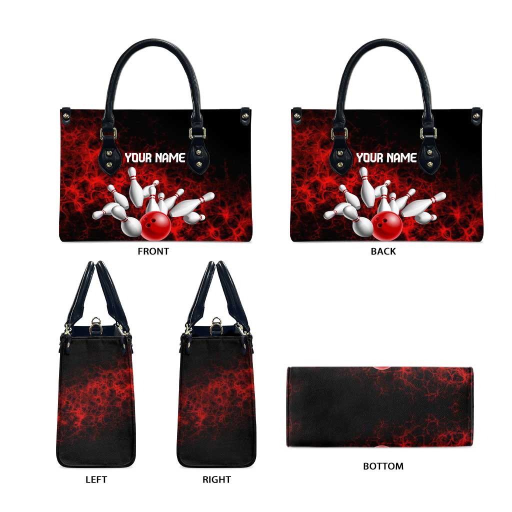 Red Bowling Ball and Pins Design Leather Bag with Fiery Smoke Background and Custom Team Name Text - Wonder Print Shop