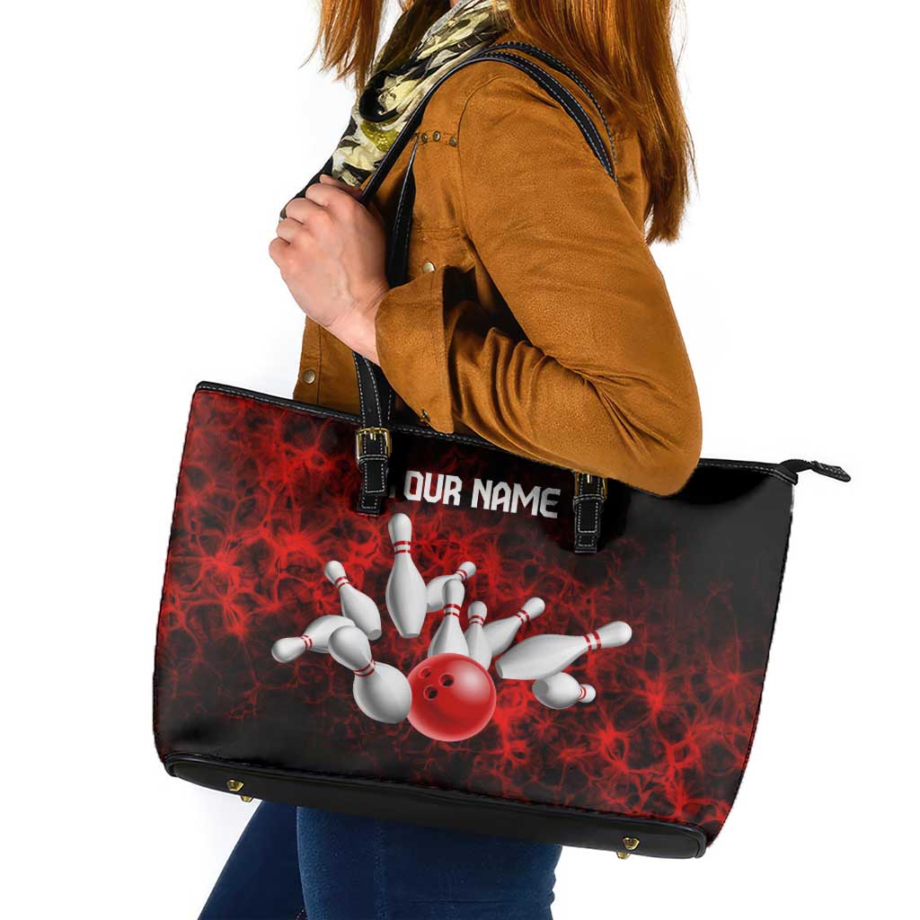 Red Bowling Ball and Pins Design Leather Tote Bag with Fiery Smoke Background and Custom Team Name Text - Wonder Print Shop