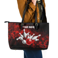Red Bowling Ball and Pins Design Leather Tote Bag with Fiery Smoke Background and Custom Team Name Text - Wonder Print Shop