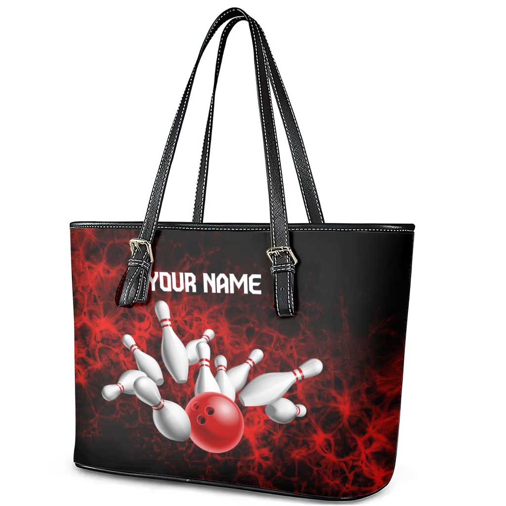 Red Bowling Ball and Pins Design Leather Tote Bag with Fiery Smoke Background and Custom Team Name Text - Wonder Print Shop