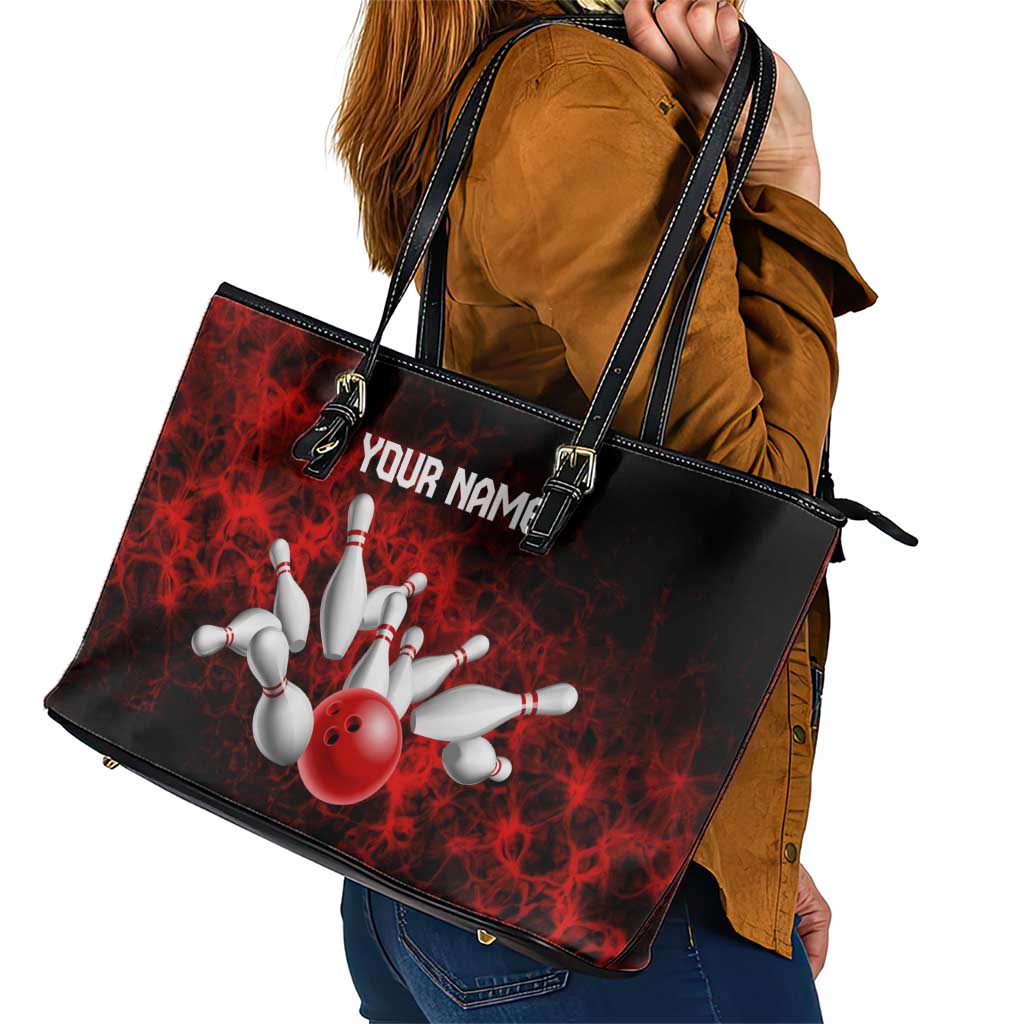 Red Bowling Ball and Pins Design Leather Tote Bag with Fiery Smoke Background and Custom Team Name Text - Wonder Print Shop