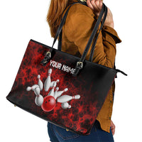 Red Bowling Ball and Pins Design Leather Tote Bag with Fiery Smoke Background and Custom Team Name Text - Wonder Print Shop
