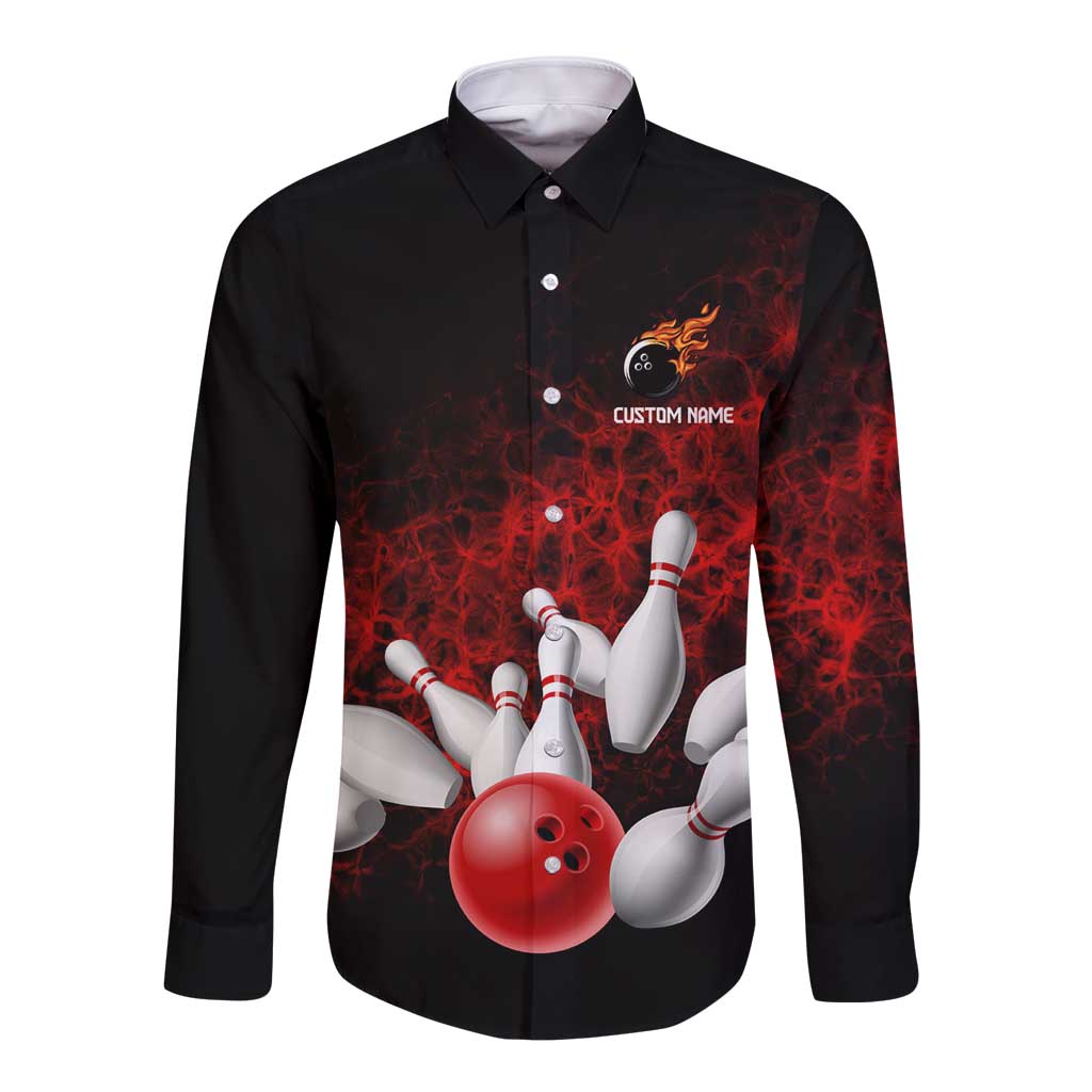 Red Bowling Ball and Pins Design Long Sleeve Button Shirt with Fiery Smoke Background and Custom Team Name Text - Wonder Print Shop