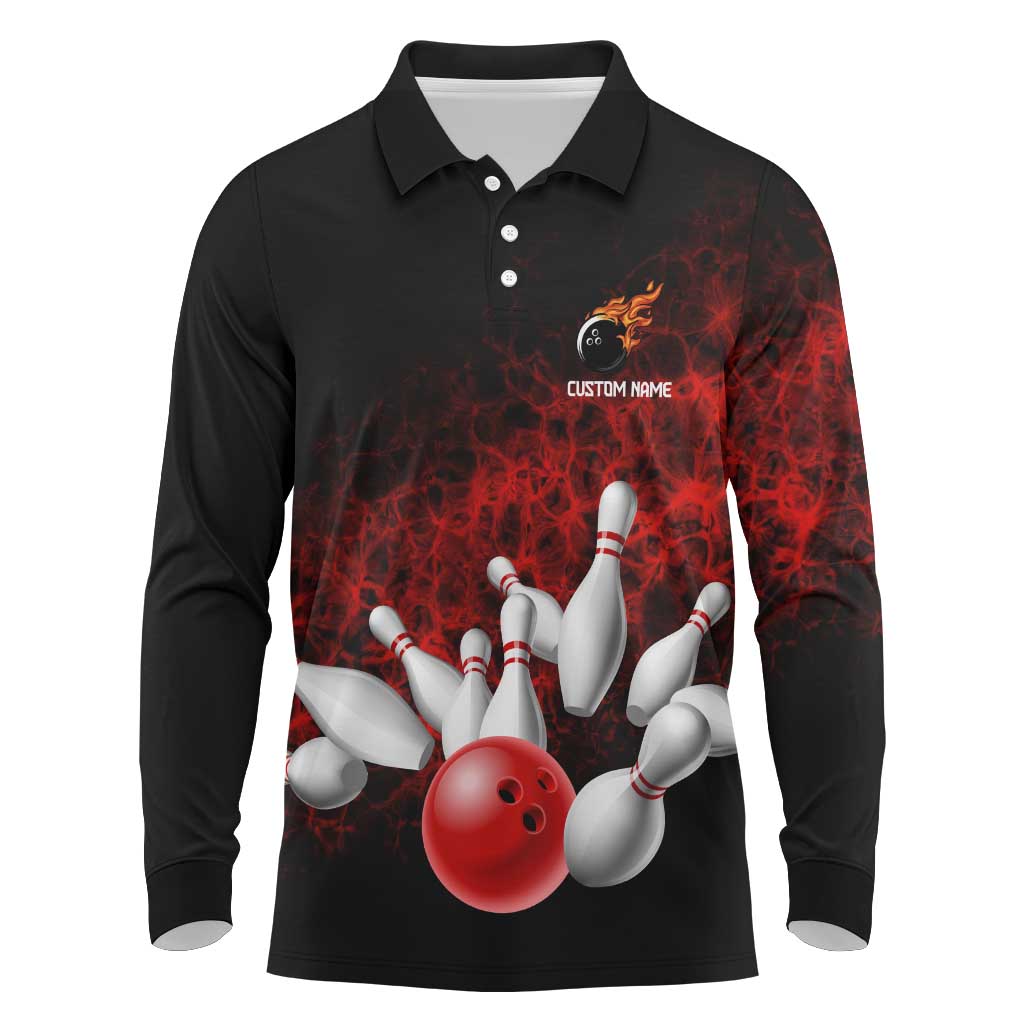 Red Bowling Ball and Pins Design Long Sleeve Polo Shirt with Fiery Smoke Background and Custom Team Name Text - Wonder Print Shop