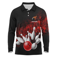 Red Bowling Ball and Pins Design Long Sleeve Polo Shirt with Fiery Smoke Background and Custom Team Name Text - Wonder Print Shop