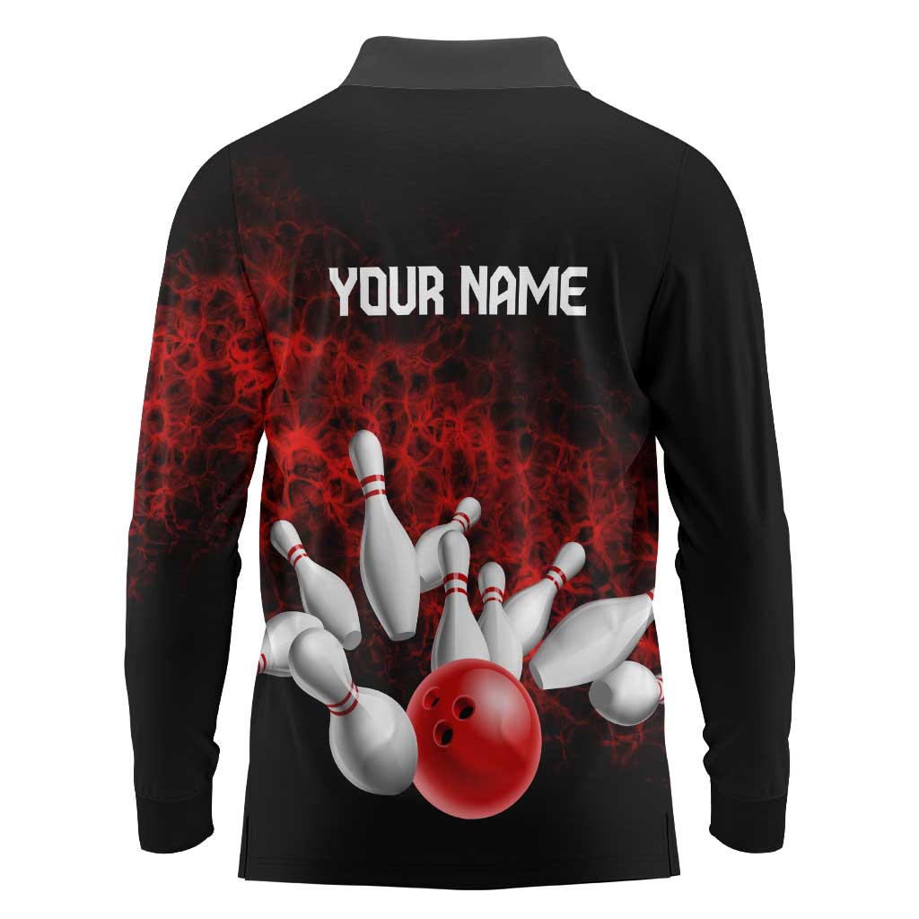 Red Bowling Ball and Pins Design Long Sleeve Polo Shirt with Fiery Smoke Background and Custom Team Name Text - Wonder Print Shop