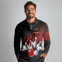 Red Bowling Ball and Pins Design Long Sleeve Polo Shirt with Fiery Smoke Background and Custom Team Name Text - Wonder Print Shop