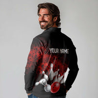 Red Bowling Ball and Pins Design Long Sleeve Polo Shirt with Fiery Smoke Background and Custom Team Name Text - Wonder Print Shop