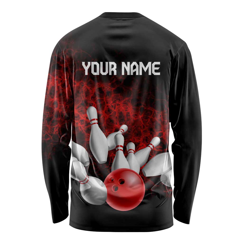 Red Bowling Ball and Pins Design Long Sleeve Shirt with Fiery Smoke Background and Custom Team Name Text - Wonder Print Shop