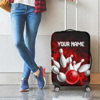 Red Bowling Ball and Pins Design Luggage Cover with Fiery Smoke Background and Custom Team Name Text - Wonder Print Shop