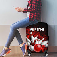 Red Bowling Ball and Pins Design Luggage Cover with Fiery Smoke Background and Custom Team Name Text - Wonder Print Shop