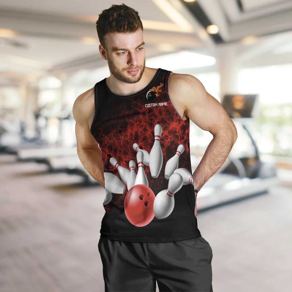 Red Bowling Ball and Pins Design Men Tank Top with Fiery Smoke Background and Custom Team Name Text - Wonder Print Shop