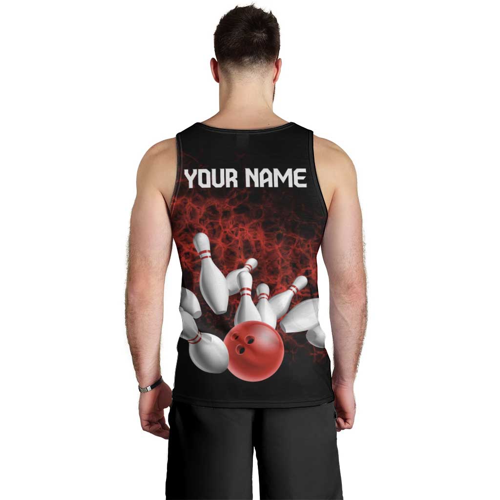 Red Bowling Ball and Pins Design Men Tank Top with Fiery Smoke Background and Custom Team Name Text - Wonder Print Shop