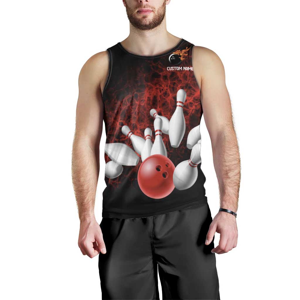 Red Bowling Ball and Pins Design Men Tank Top with Fiery Smoke Background and Custom Team Name Text - Wonder Print Shop