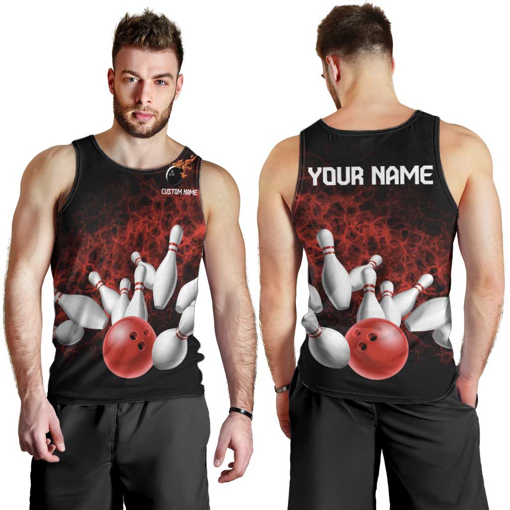 Red Bowling Ball and Pins Design Men Tank Top with Fiery Smoke Background and Custom Team Name Text - Wonder Print Shop