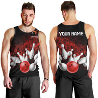 Red Bowling Ball and Pins Design Men Tank Top with Fiery Smoke Background and Custom Team Name Text - Wonder Print Shop