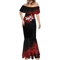 Red Bowling Ball and Pins Design Mermaid Dress with Fiery Smoke Background and Custom Team Name Text - Wonder Print Shop