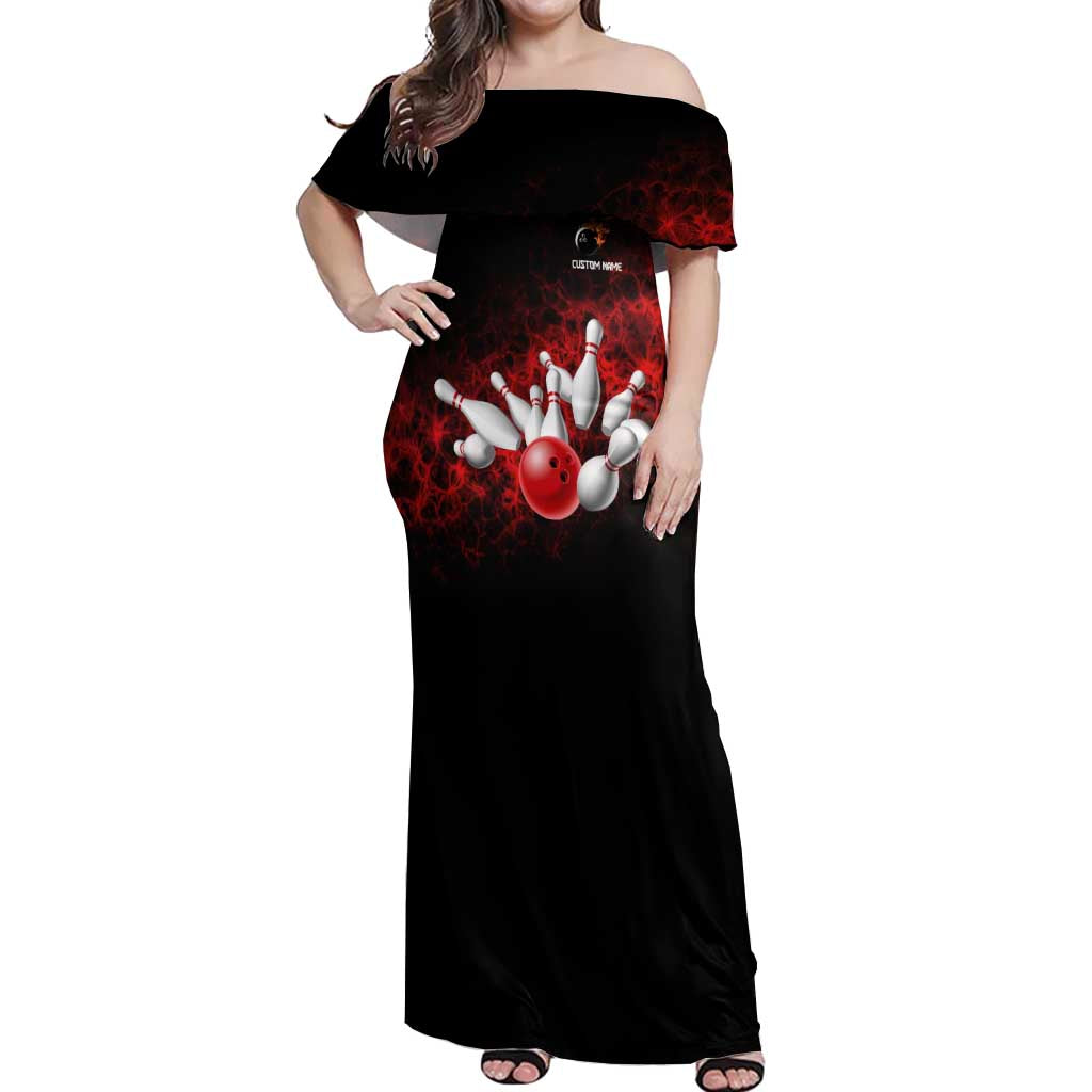 Red Bowling Ball and Pins Design Off Shoulder Maxi Dress with Fiery Smoke Background and Custom Team Name Text - Wonder Print Shop