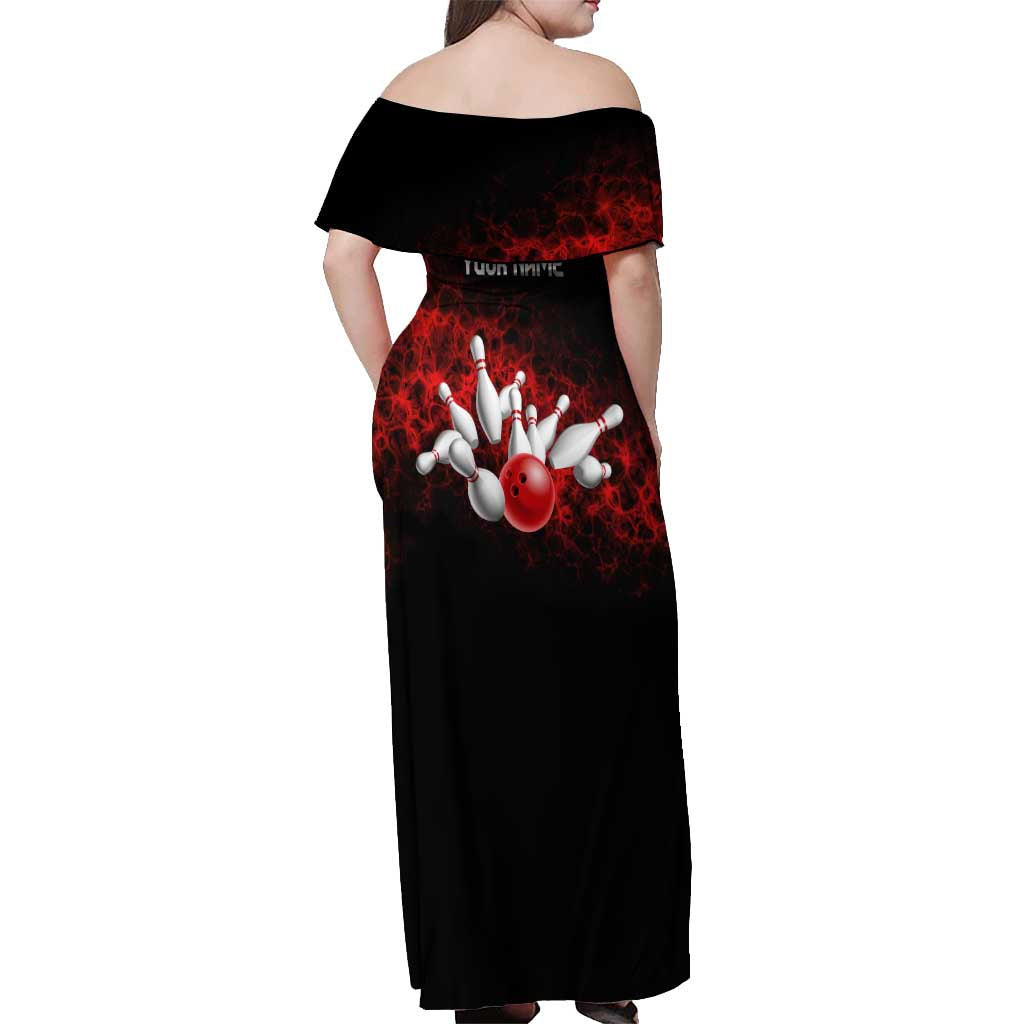 Red Bowling Ball and Pins Design Off Shoulder Maxi Dress with Fiery Smoke Background and Custom Team Name Text - Wonder Print Shop