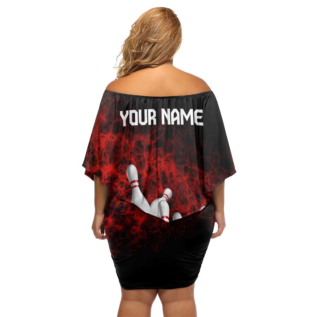 Red Bowling Ball and Pins Design Off Shoulder Short Dress with Fiery Smoke Background and Custom Team Name Text - Wonder Print Shop