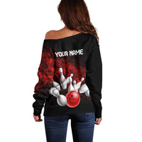 Red Bowling Ball and Pins Design Off Shoulder Sweater with Fiery Smoke Background and Custom Team Name Text - Wonder Print Shop
