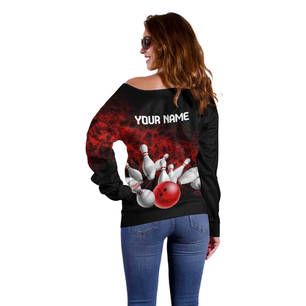 Red Bowling Ball and Pins Design Off Shoulder Sweater with Fiery Smoke Background and Custom Team Name Text - Wonder Print Shop