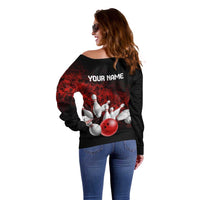 Red Bowling Ball and Pins Design Off Shoulder Sweater with Fiery Smoke Background and Custom Team Name Text - Wonder Print Shop