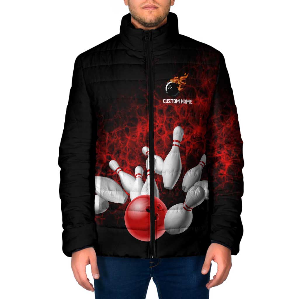 Red Bowling Ball and Pins Design Padded Jacket with Fiery Smoke Background and Custom Team Name Text - Wonder Print Shop