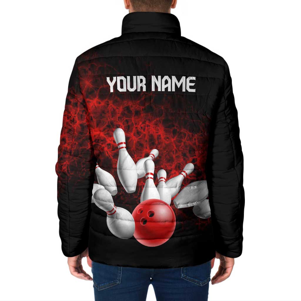 Red Bowling Ball and Pins Design Padded Jacket with Fiery Smoke Background and Custom Team Name Text - Wonder Print Shop