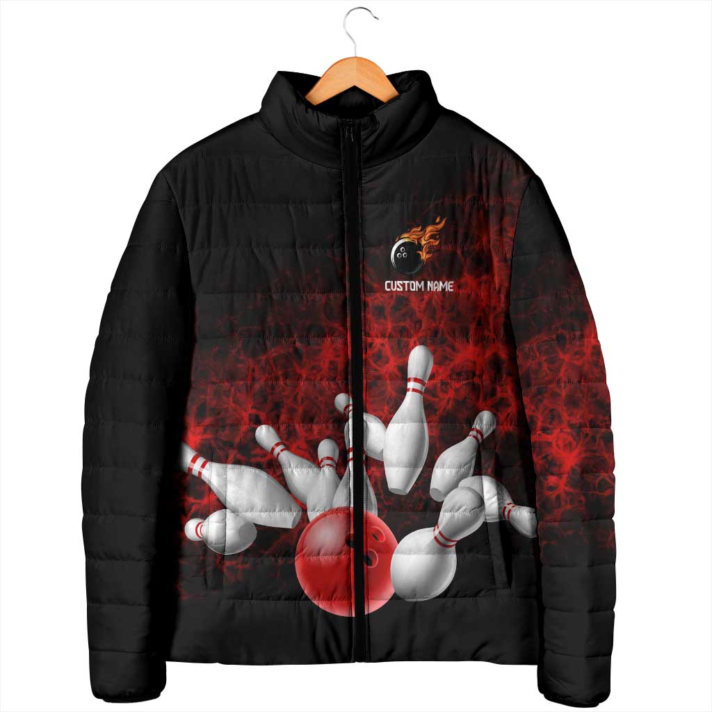 Red Bowling Ball and Pins Design Padded Jacket with Fiery Smoke Background and Custom Team Name Text - Wonder Print Shop