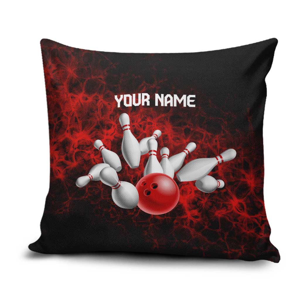 Red Bowling Ball and Pins Design Pillow Cover with Fiery Smoke Background and Custom Team Name Text - Wonder Print Shop