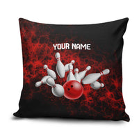 Red Bowling Ball and Pins Design Pillow Cover with Fiery Smoke Background and Custom Team Name Text - Wonder Print Shop