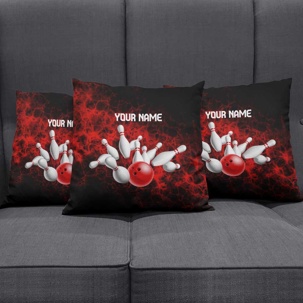 Red Bowling Ball and Pins Design Pillow Cover with Fiery Smoke Background and Custom Team Name Text - Wonder Print Shop
