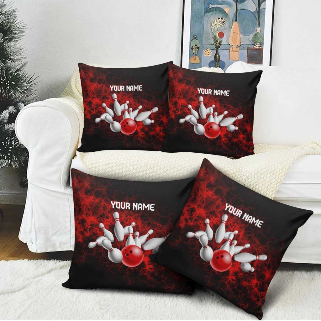 Red Bowling Ball and Pins Design Pillow Cover with Fiery Smoke Background and Custom Team Name Text - Wonder Print Shop