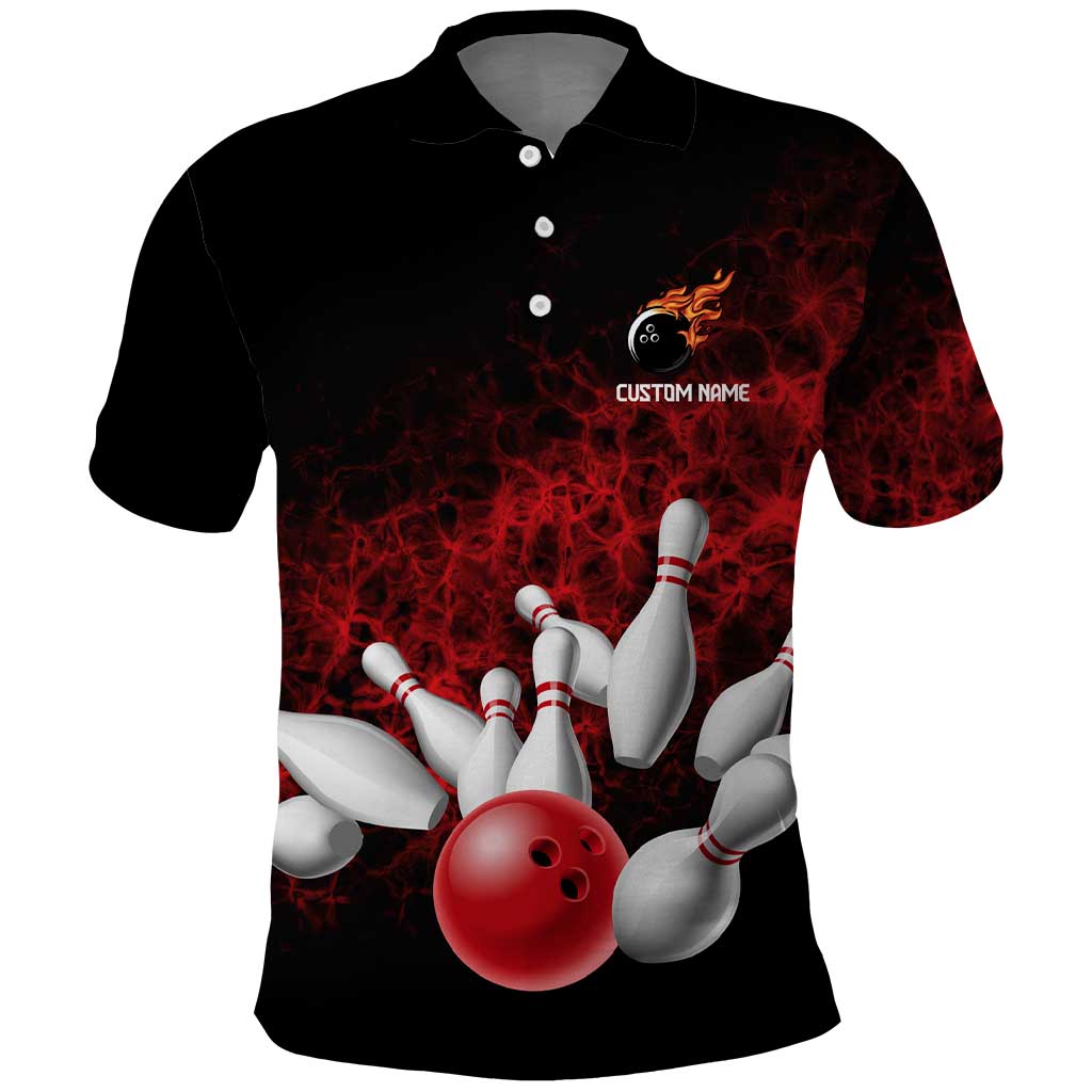 Red Bowling Ball and Pins Design Polo Shirt with Fiery Smoke Background and Custom Team Name Text - Wonder Print Shop