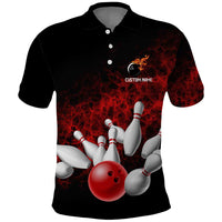 Red Bowling Ball and Pins Design Polo Shirt with Fiery Smoke Background and Custom Team Name Text - Wonder Print Shop