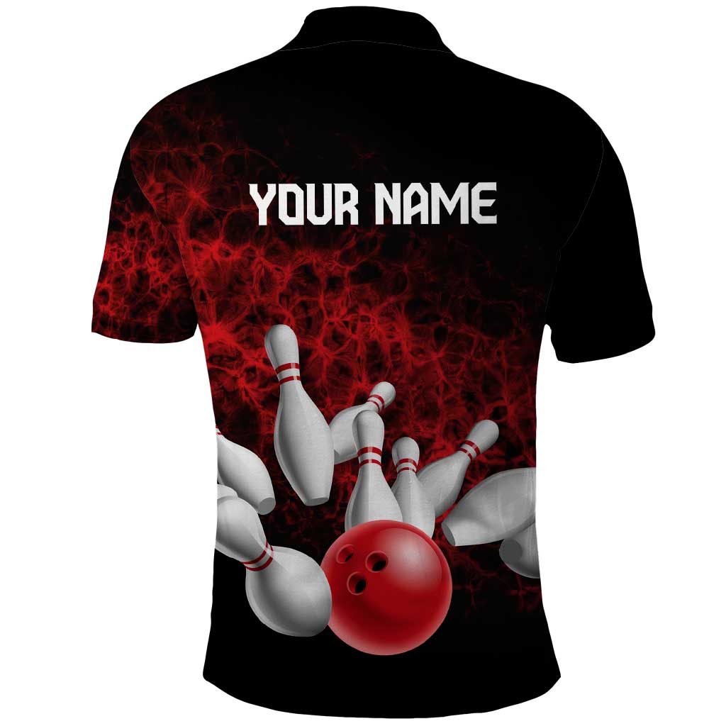 Red Bowling Ball and Pins Design Polo Shirt with Fiery Smoke Background and Custom Team Name Text - Wonder Print Shop