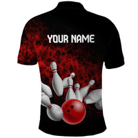 Red Bowling Ball and Pins Design Polo Shirt with Fiery Smoke Background and Custom Team Name Text - Wonder Print Shop
