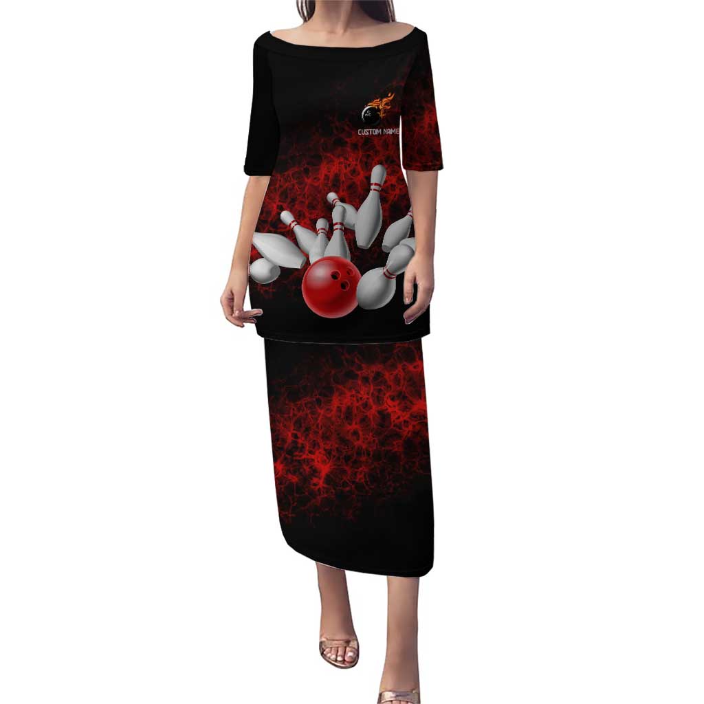 Red Bowling Ball and Pins Design Puletasi with Fiery Smoke Background and Custom Team Name Text - Wonder Print Shop