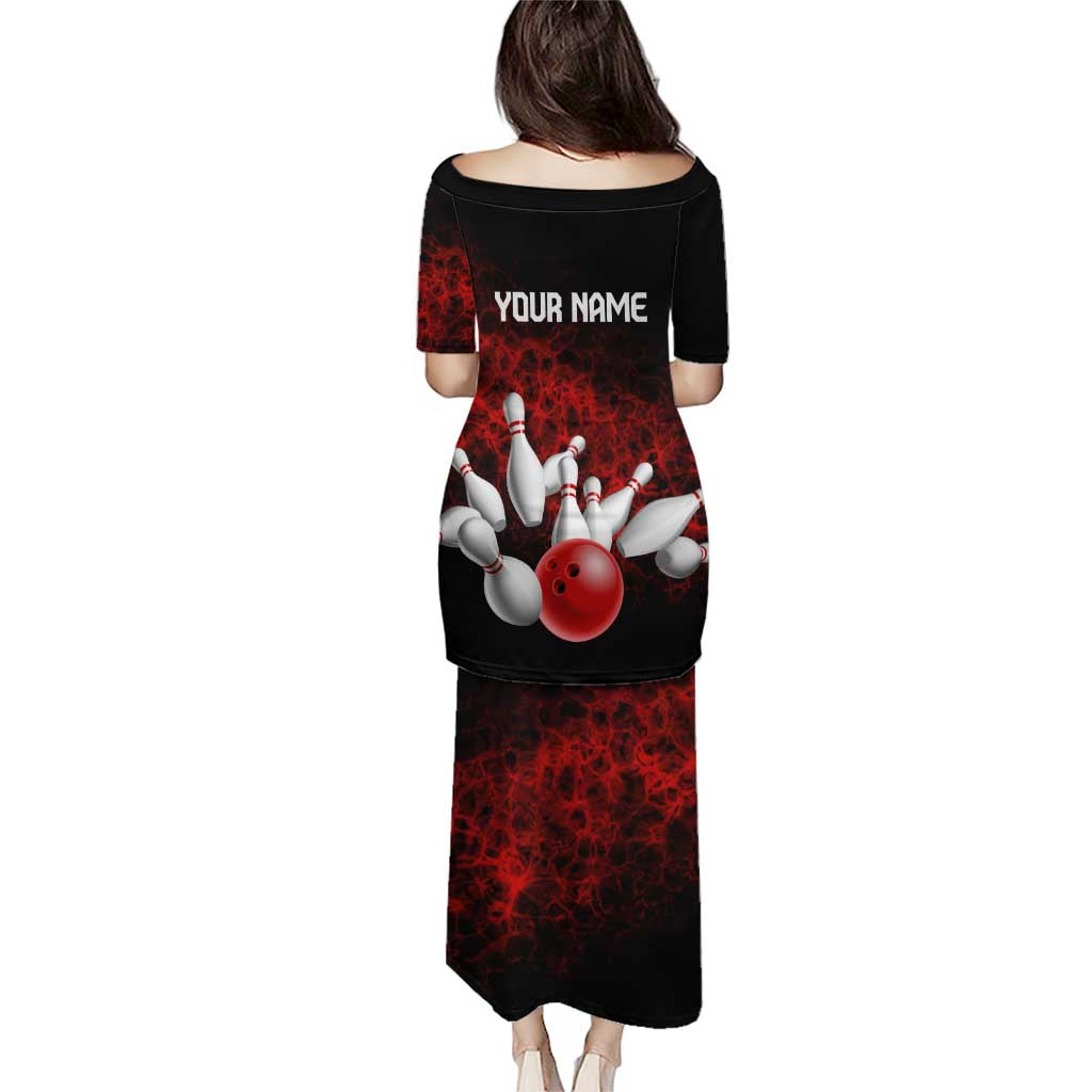 Red Bowling Ball and Pins Design Puletasi with Fiery Smoke Background and Custom Team Name Text - Wonder Print Shop