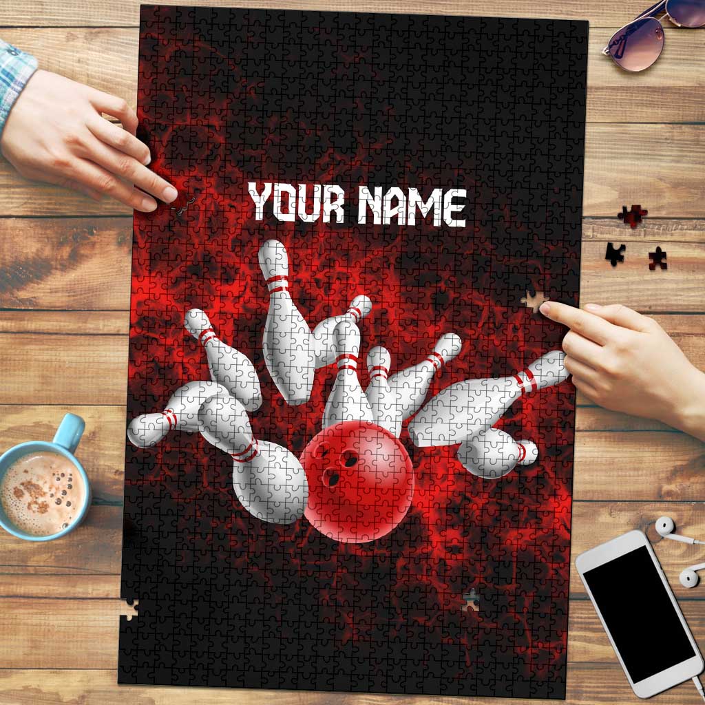 Red Bowling Ball and Pins Design Puzzle with Fiery Smoke Background and Custom Team Name Text - Wonder Print Shop
