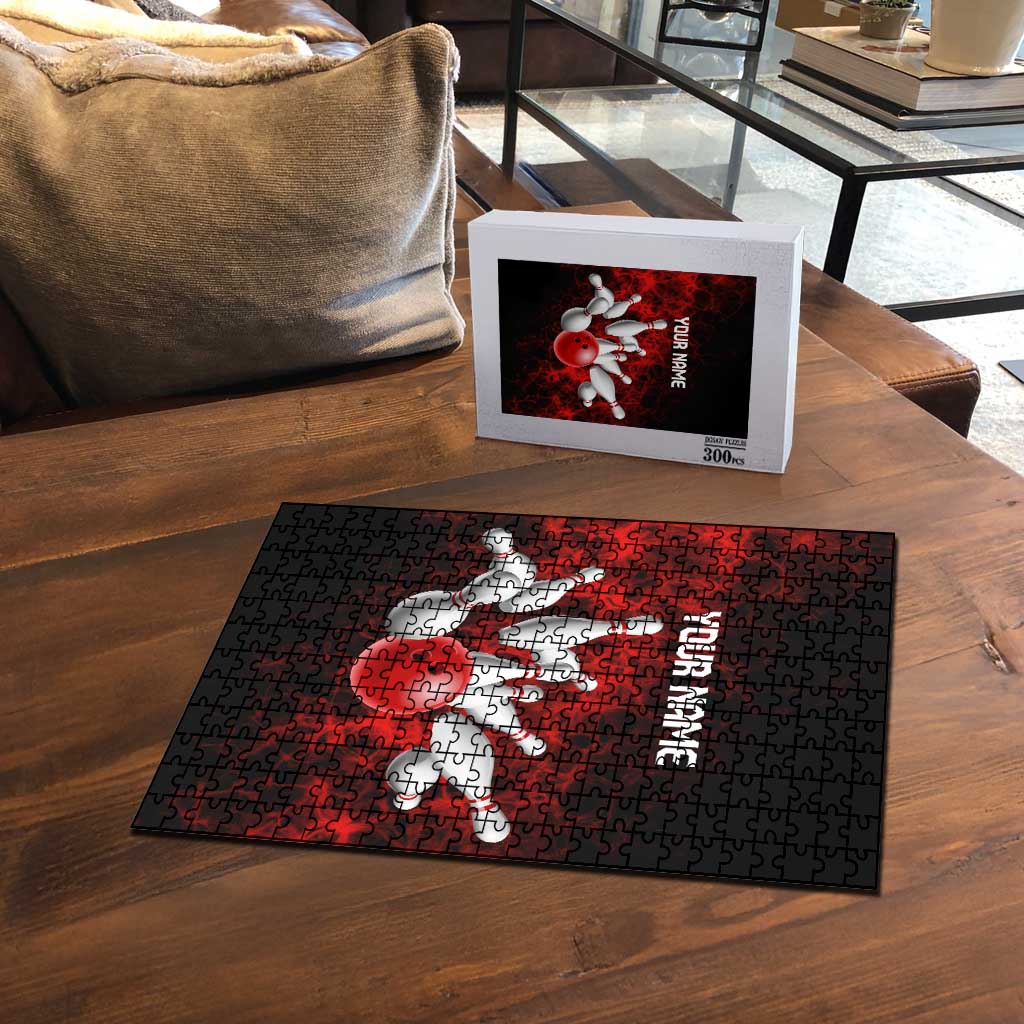 Red Bowling Ball and Pins Design Puzzle with Fiery Smoke Background and Custom Team Name Text - Wonder Print Shop