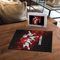 Red Bowling Ball and Pins Design Puzzle with Fiery Smoke Background and Custom Team Name Text - Wonder Print Shop