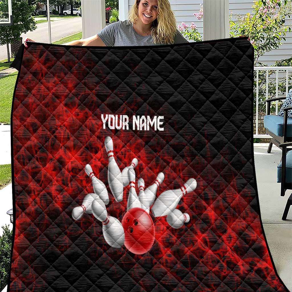 Red Bowling Ball and Pins Design Quilt with Fiery Smoke Background and Custom Team Name Text - Wonder Print Shop
