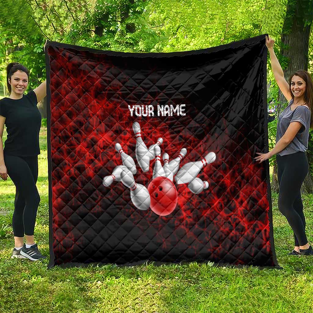 Red Bowling Ball and Pins Design Quilt with Fiery Smoke Background and Custom Team Name Text - Wonder Print Shop