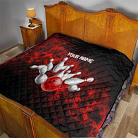 Red Bowling Ball and Pins Design Quilt with Fiery Smoke Background and Custom Team Name Text - Wonder Print Shop